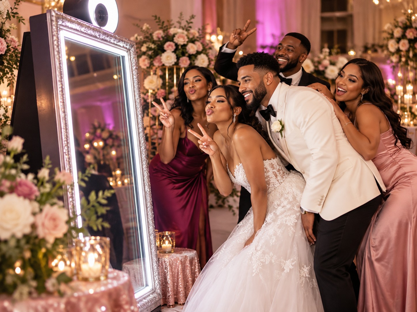 Wedding guests enjoying Charlotte Mirror Image photo booth rental in Charlotte NC